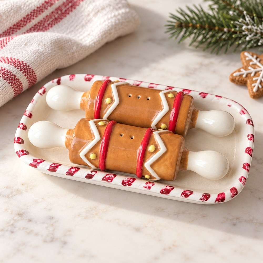 Gingerbread Rolling Pin Salt and Pepper Shaker Set with Tray Holiday Decor